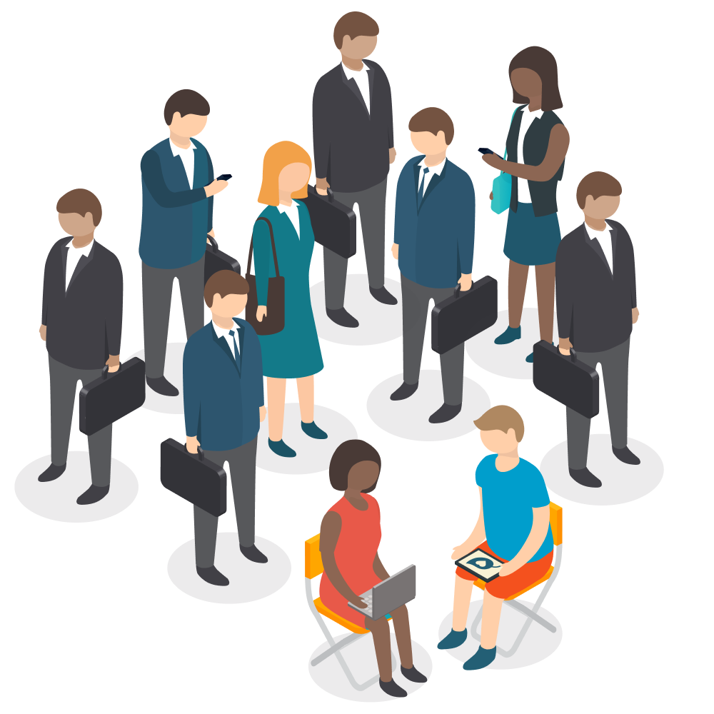 Graphic depicting a lot of lawyers standing over a person with a laptop on a beach chair
