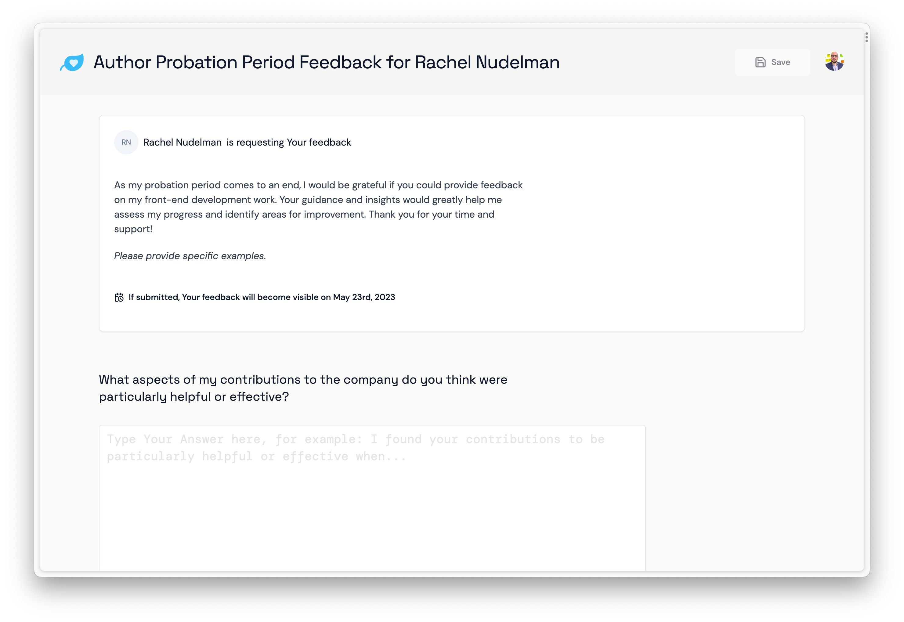 Illustration of the UI of the app, showing a screen with feedback being authored