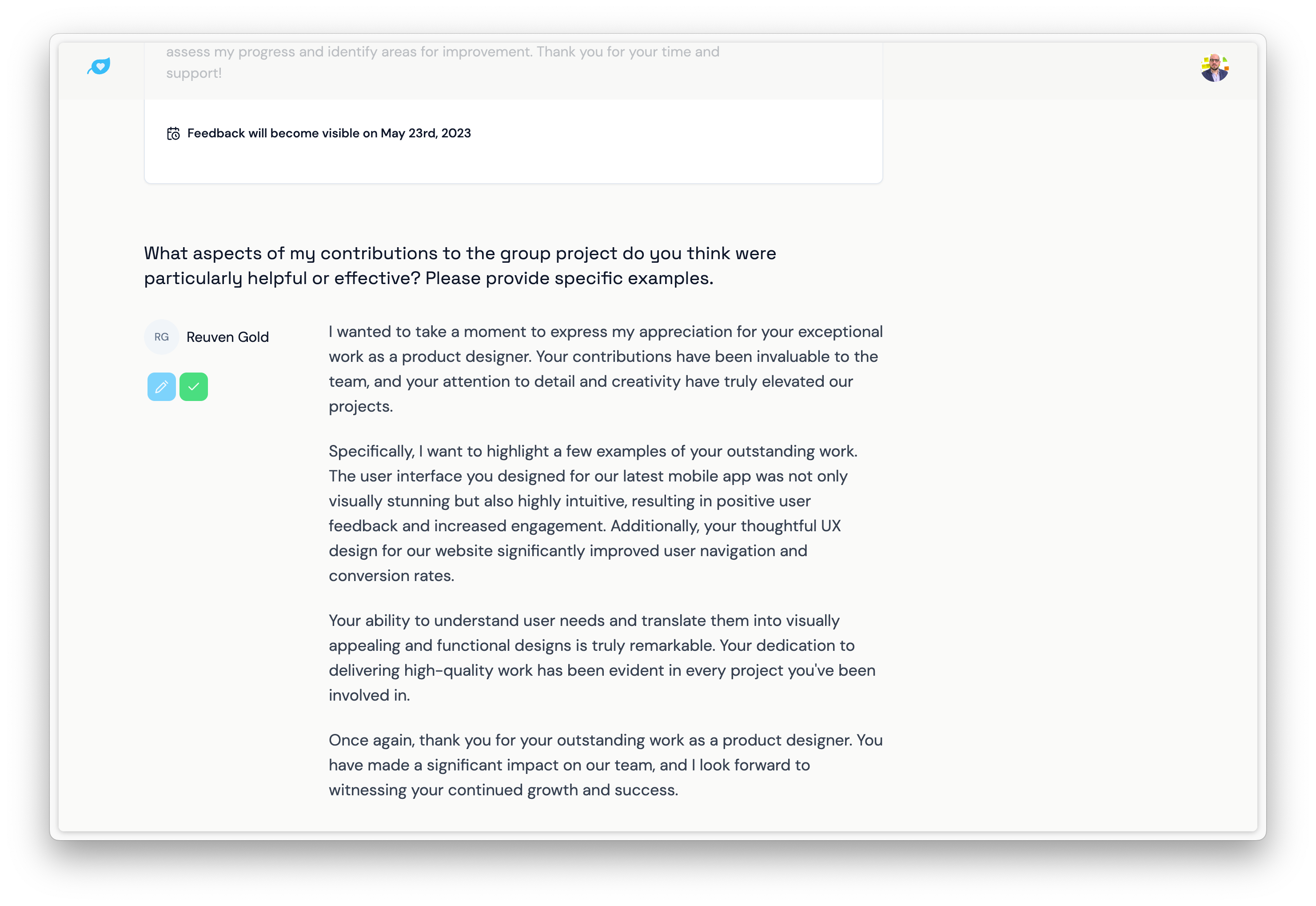 Illustration of the UI of the app, showing a screen with sample feedback